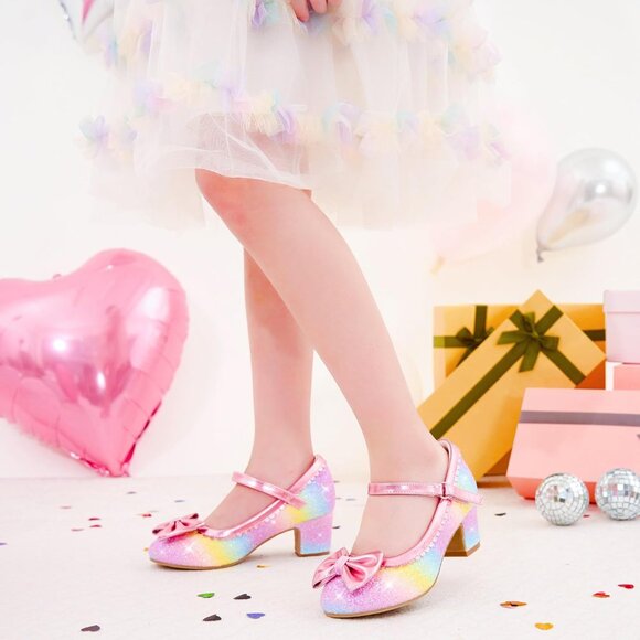 Girls Rainbow Sequins Cute Bow-knot Sparkle Mary Jane Flower Wedding Dress Shoes - Picture 2 of 7